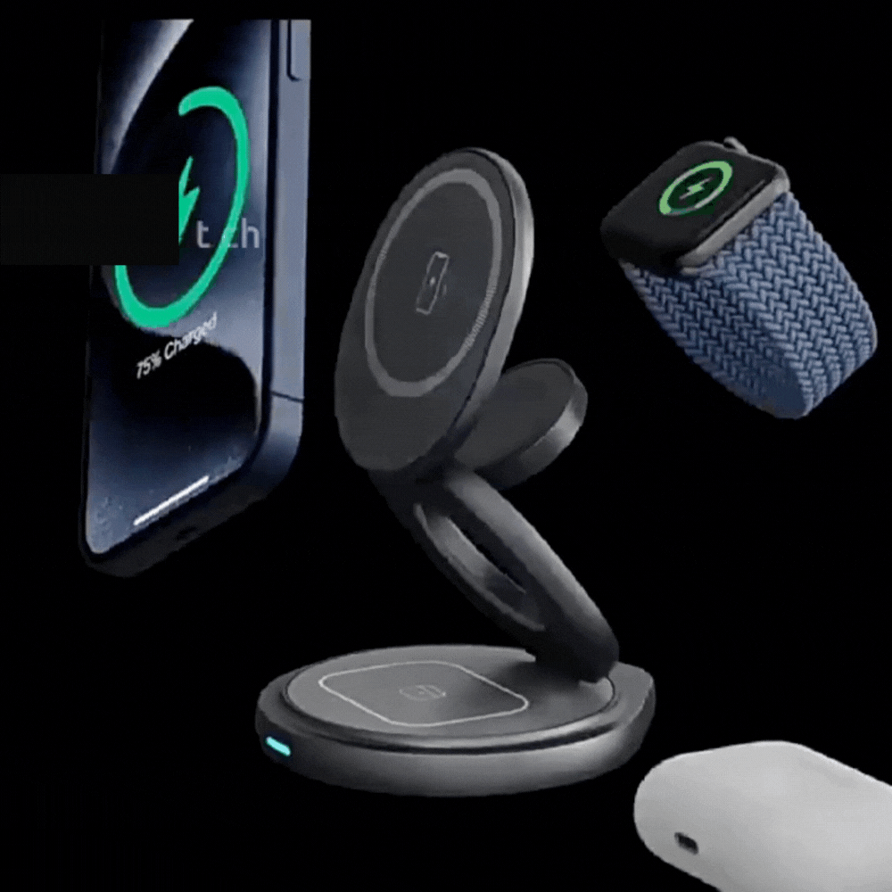 מטען אלחוטי מתקפל 3 ב-1 עם סיבוב 360°