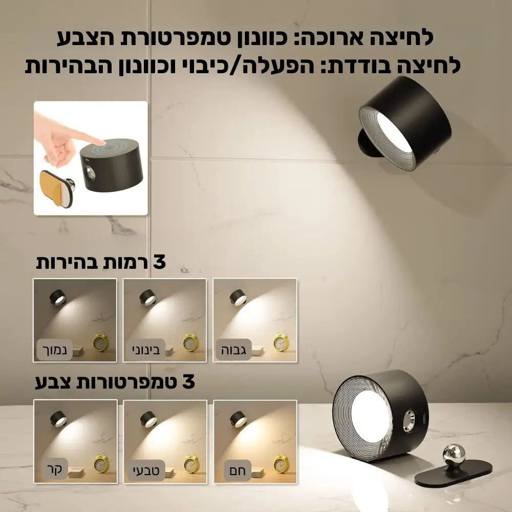 מנורת קיר נטענת וניידת בהתקנה קלה ללא כלים