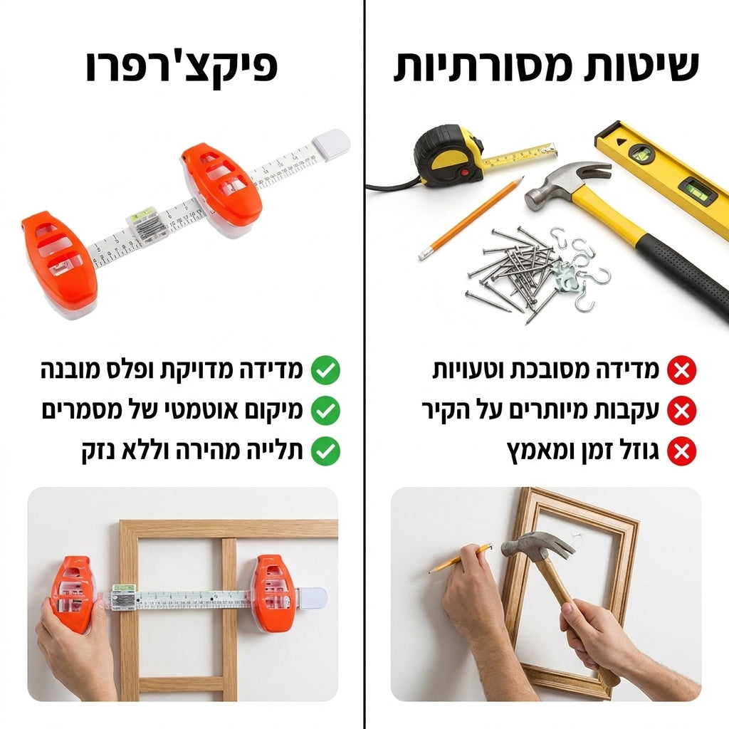 פיקצ'רפרו - כלי תליית תמונות חכם עם פלס ומדידה מדויקת