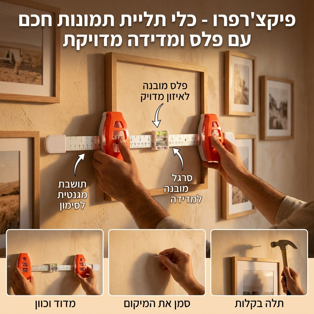 פיקצ'רפרו - כלי תליית תמונות חכם עם פלס ומדידה מדויקת