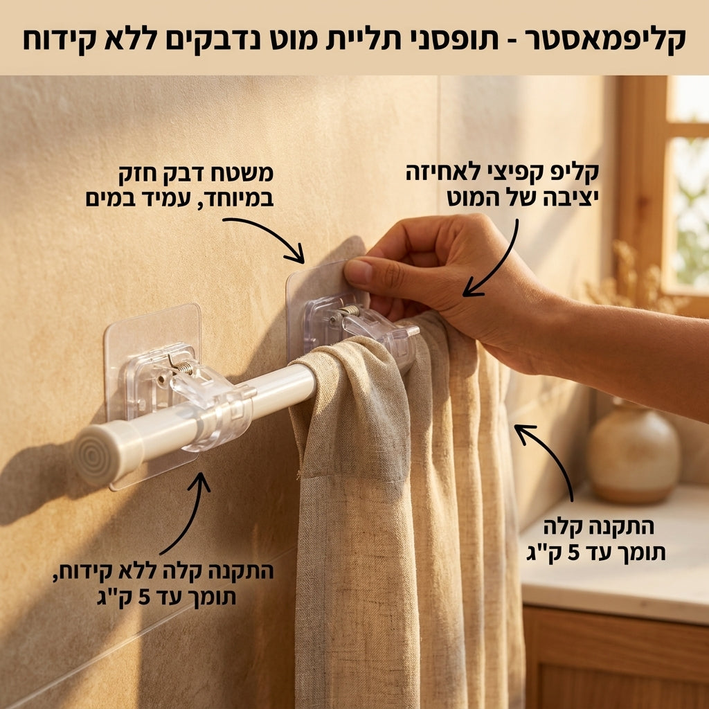 קליפמאסטר - תופסני תליית מוט נדבקים ללא קידוח