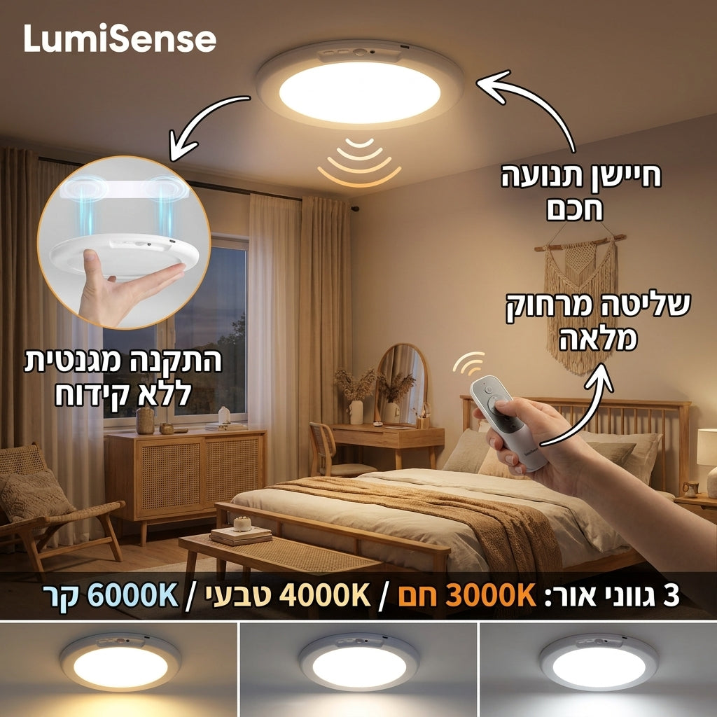 LumiSense - מנורת תקרה חכמה עם חיישן תנועה ושלט רחוק