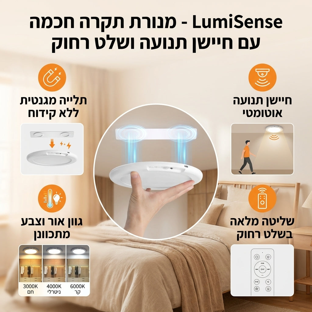 LumiSense - מנורת תקרה חכמה עם חיישן תנועה ושלט רחוק
