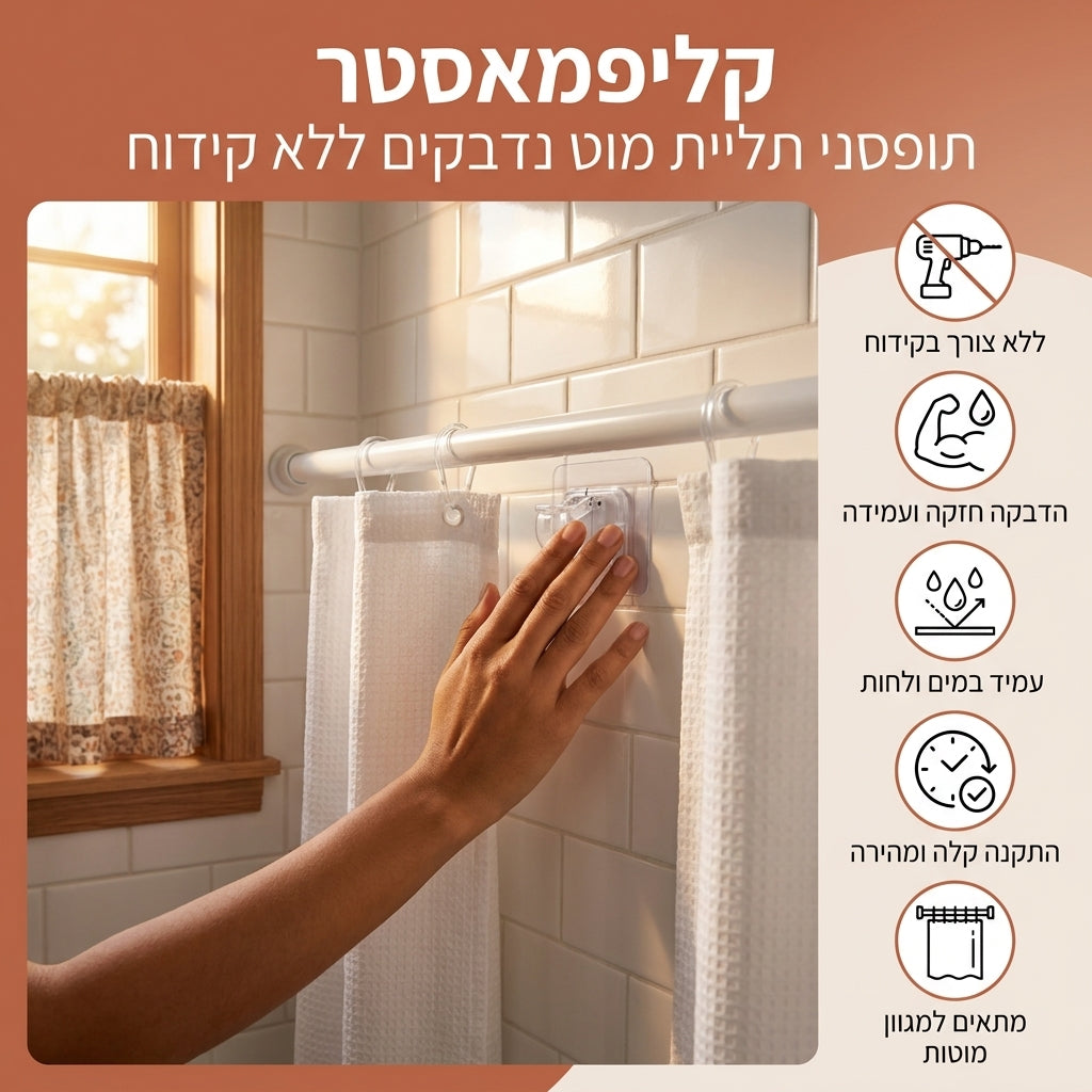 קליפמאסטר - תופסני תליית מוט נדבקים ללא קידוח